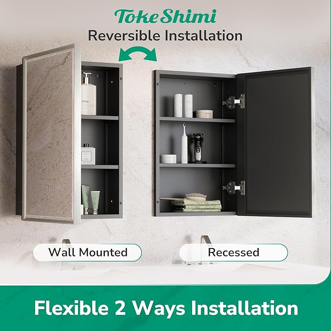 TokeShimi 12x36 Recessed Medicine Cabinet with Mirror Surface Mount, Bathroom Beveled Mirror with Storage Adjustable, Aluminum Framed Metal Brushed Nickel Medicine Cabinet Mirrored