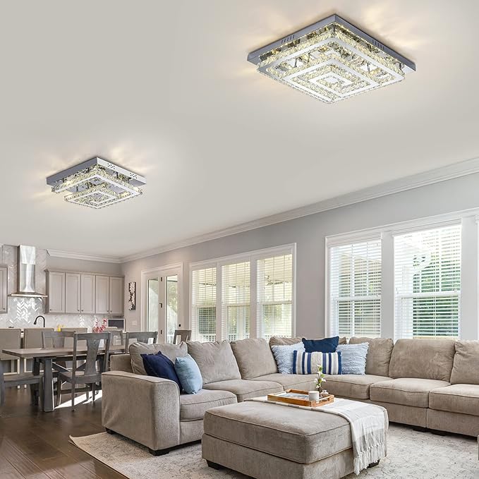 16" Modern Crystal Chandelier, Adjustable Led 3 Color Dimmable Ceiling Light 2 Layers Square Flush Mount Ceiling Lamp for Bedrooms Dining Rooms Living Room Kitchen Staircase Hallway(Dimmable)