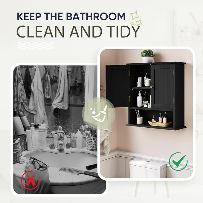 Smuxee Black Wall Cabinet, Small, 2-Door Medicine Cabinet with Adjustable Shelves, Over Toilet, For Kitchen and Laundry Rooms