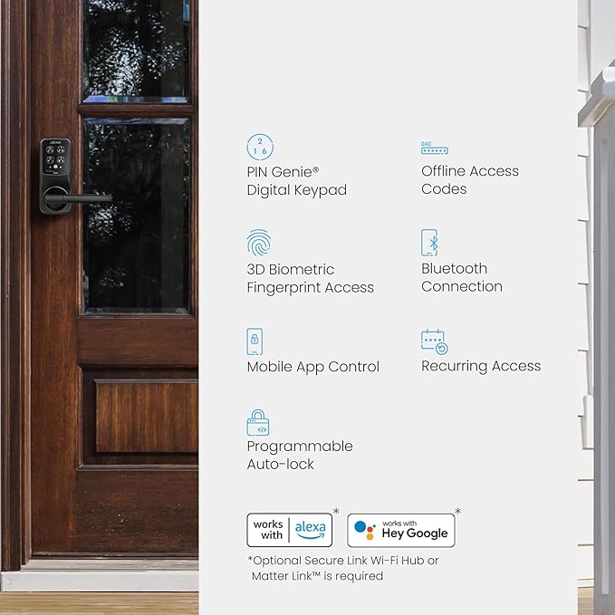 Lockly Secure Plus Bluetooth Smart Door Lock, Keyless Entry with PIN Genie® Digital Keypad, 3D Biometric Fingerprint Sensor Front Door Lock with Handle, Voice Control & Auto Lock - Latch Edition