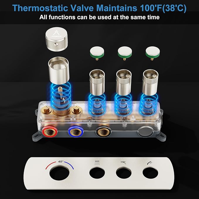 Shower System Brass Thermostatic Shower Faucet Set With Valve and Diverter Shower Mixer with 2 Rain Shower Head and Multi-function Handheld Head（Brushed Nickel）