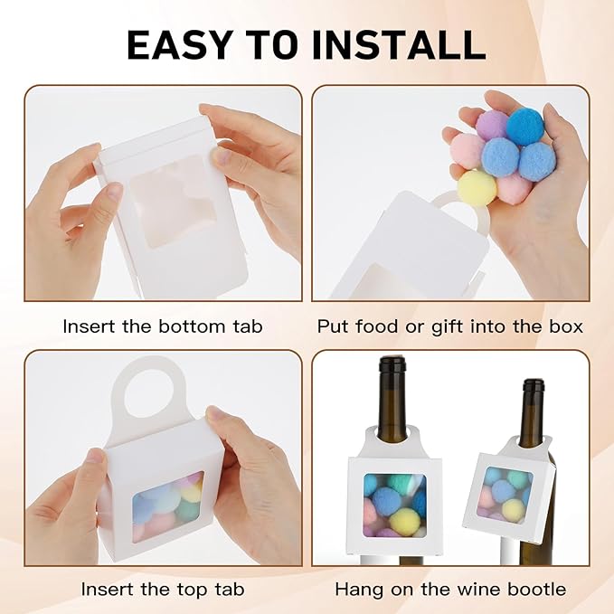 Gjinxi Kraft Paper Wine Bottle Box 10 Pcs Hanging Foldable Gift Boxes with Window Hanging Wine Accessory Sets Folding White Bags Hanger Favor Box for Kitchen Dining Engagement Decoration