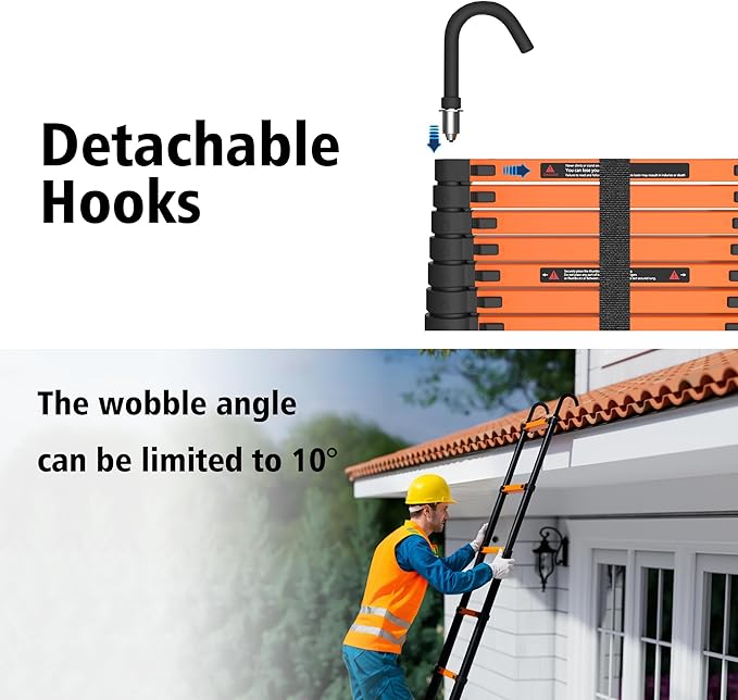 16.5 FT Telescoping Ladder with Hooks, Aluminum Extension Ladder, 330 lbs Load Capacity, Multi-Purpose Collapsible Ladder for Home and Work; Orange
