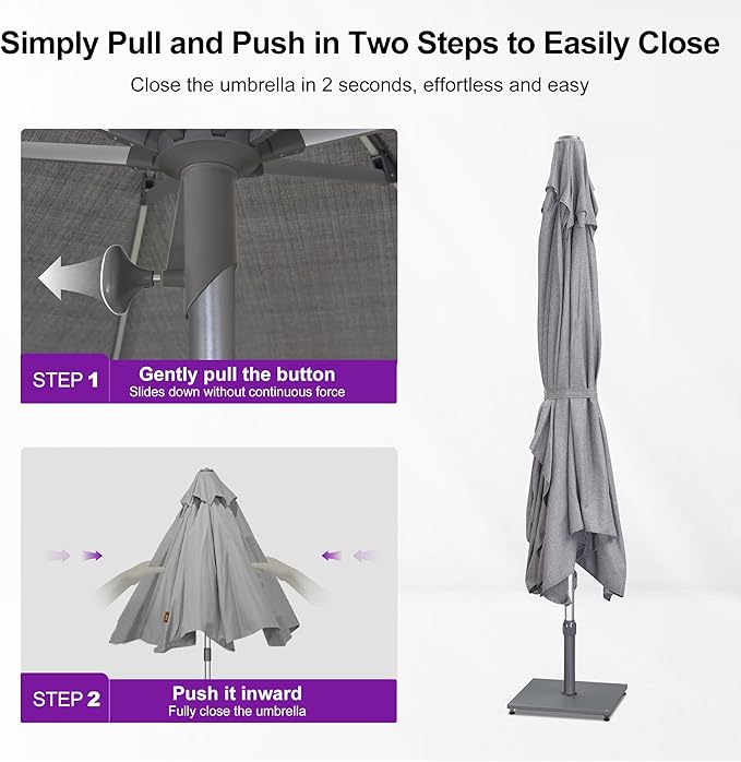 PURPLE LEAF 9 X 12 FT Semi-Auto Outdoor Patio Umbrella Market Table Sun Umbrellas with 8 Aluminum Sturdy Ribs for Backyard Deck Garden Pool (Silver Pole Gray Canopy)