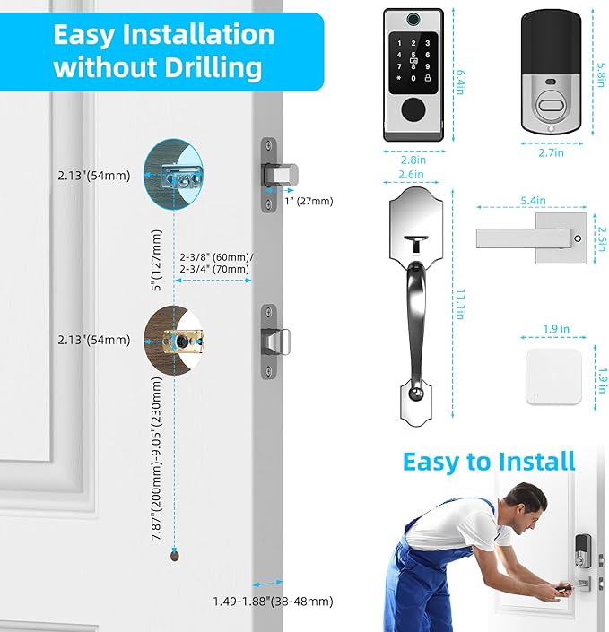 Wi-Fi Smart Deadbolt Lock with Handle Sets, Keyless Entry Door Lock for Front Door, Compatible with Alexa & Google Assistant, Auto Locking-Black
