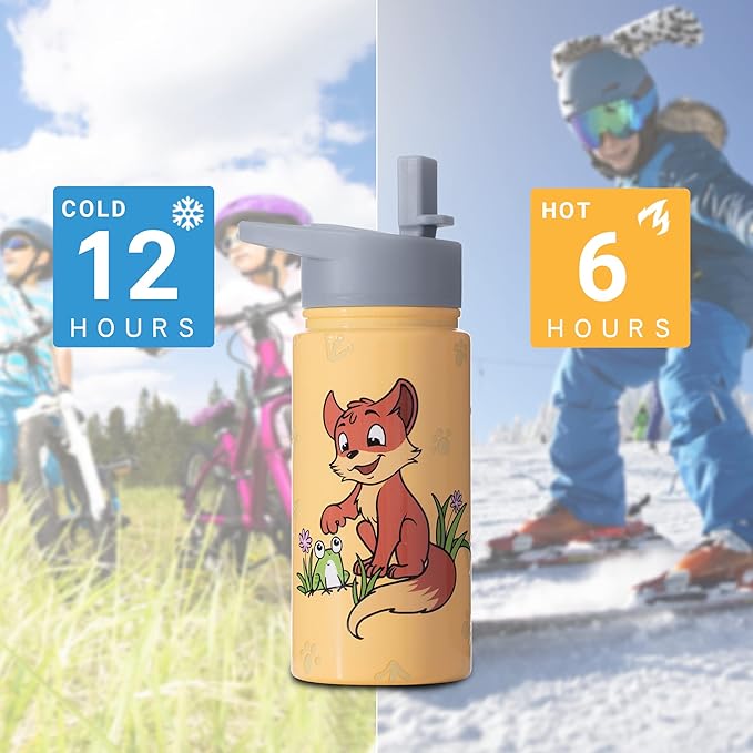 15oz Fox Water Bottle Insulated Stainless Steel, Metal Flask for Boys With Straws and Brush, Christmas Hand Wash Only