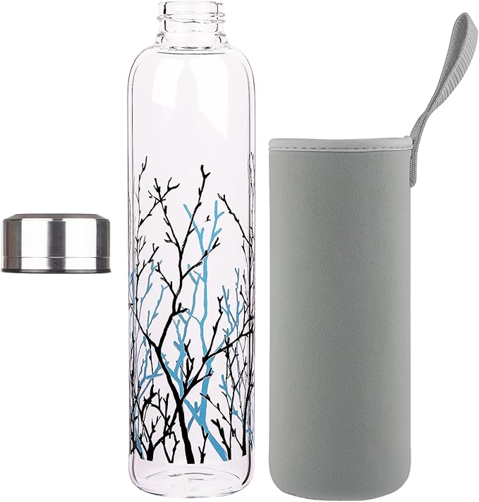Borosilicate Glass Water Bottle, Sports Glass Drinking Bottle with Neoprene Sleeve and Stainless Steel Lid 16oz / 32oz (32oz, Tree Branche)