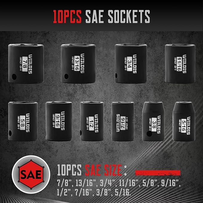 26 PCS 3/8" Drive SAE and Metric Impact Socket Set, SAE 5/16” to 7/8", Metric 7mm to 22mm, Premium Cr-V Steel, 6-Point Hex Designt,Cr-V Steel