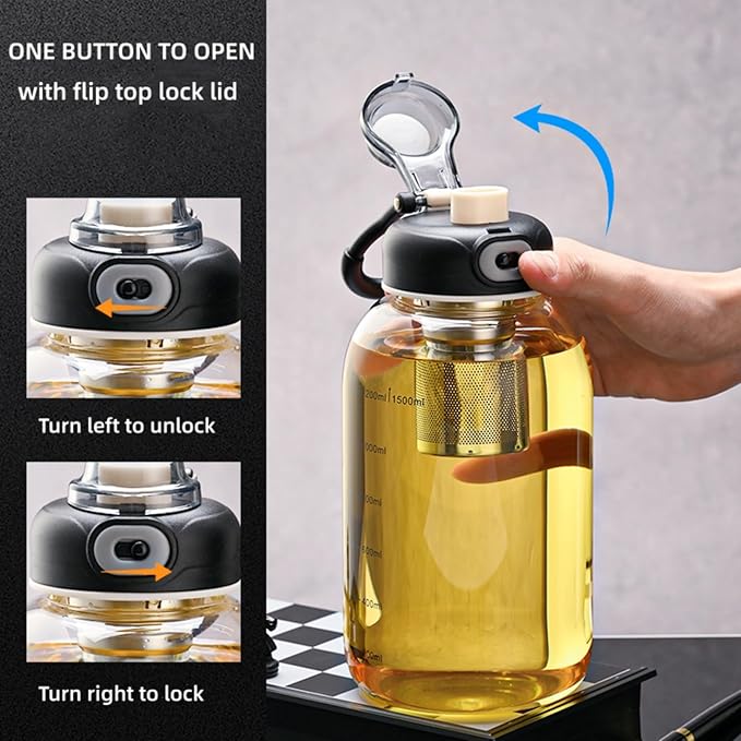 Glass Tea Tumbler with Infuser - 1500ML Large Glass Water Bottle with Sleeve,Glass Tea Infuser Bottle with Lock Lid and Direct Drink Spout,Reusable Sports Water Bottle for Gym Home Outdoor, Leakproof