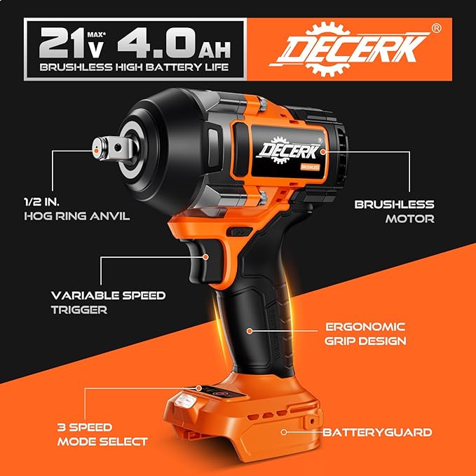 Brushless Cordless Impact Wrench, 1/2 Inch Driver, [REAL] 650Ft-lbs (900N.m), 21V MAX, Impact Gun with 2×4.0Ah Battery, Power Electric Wrench for Car Truck Tire/House/Mower