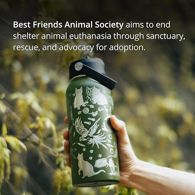 Animal Rescue Water Bottle with Straw Lid | 32 oz Engraved Stainless Steel Insulated with Strap | Best Friends, Pets, and Animals Themed