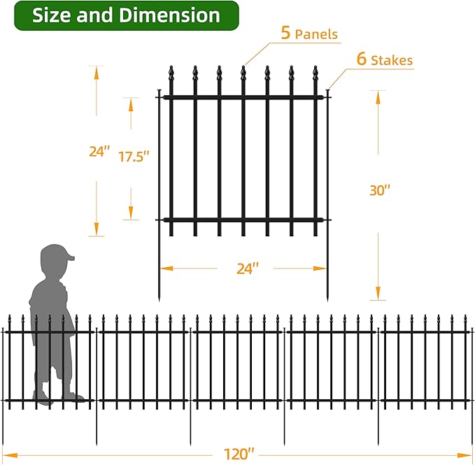 Decorative Metal Garden Fence 24 in H x 10 ft L, Border Fence Panels Animal Barrier for Dogs, No Dig Garden Fencing for Yard Patio Flower Bed Lawn Outdoor 5 Panels + 6 Stakes Black