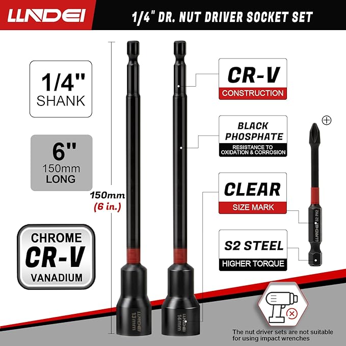 LLNDEI 1/4" Drive Socket Set & Nut Driver Set 44PCS, 1/4-Inch Sockets Deep&Shallow Metric(4-15mm) with Ratchet, 1/4" Hex Shank 6" Long Nut Drivers(6-14mm) for Impact Drill Bits(PH1 PH2)