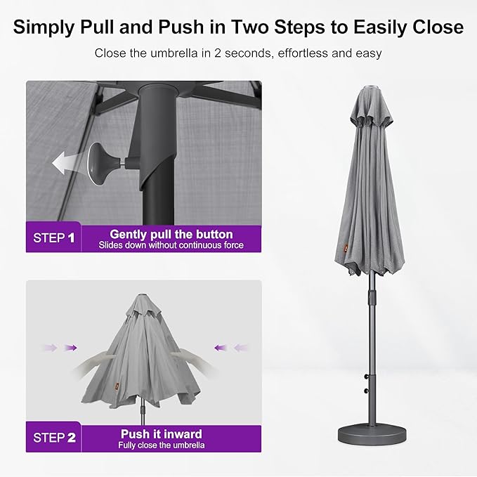PURPLE LEAF 9 FT Semi-Auto Outdoor Patio Umbrella Market Table Sun Umbrellas with 8 Aluminum Sturdy Ribs for Backyard Deck Garden Pool (Gray Pole Gray Canopy)