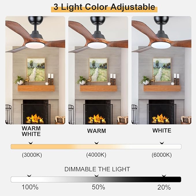 Sevenine Ceiling Fan with Light,Wood Brown Ceiling Fan,3 Blades,Downrod,6 Speed Adjustable,Dimmable LED,3 Timers,Reversible DC Motor, for Patio Living Room Bedroom Dining Room (Wood Brown, 42Inch)