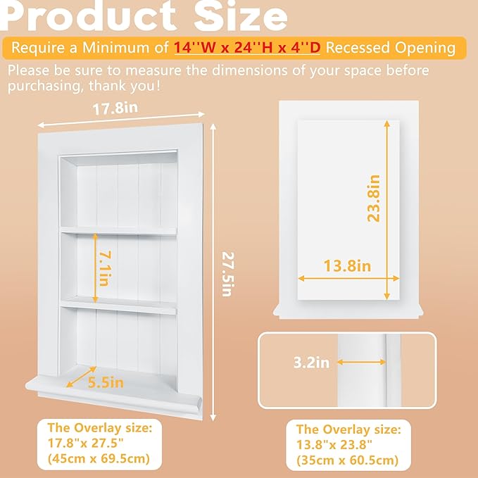 Royxen Recessed Medicine Cabinet 14 x 24 Inch, Medicine Cabinets, Large Medicine Cabinet, 3-Tier Bathroom Cabinets Wall Mount for Home Storage