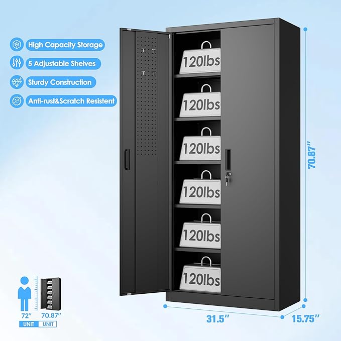 70.87" H Metal Garage Cabinet with 2 Doors and 5 Adjustable Shelves,Metal Storage Cabinet with Pegboards and Hooks for Garage, Office, Home,Gym, School, Assembly Required,Black