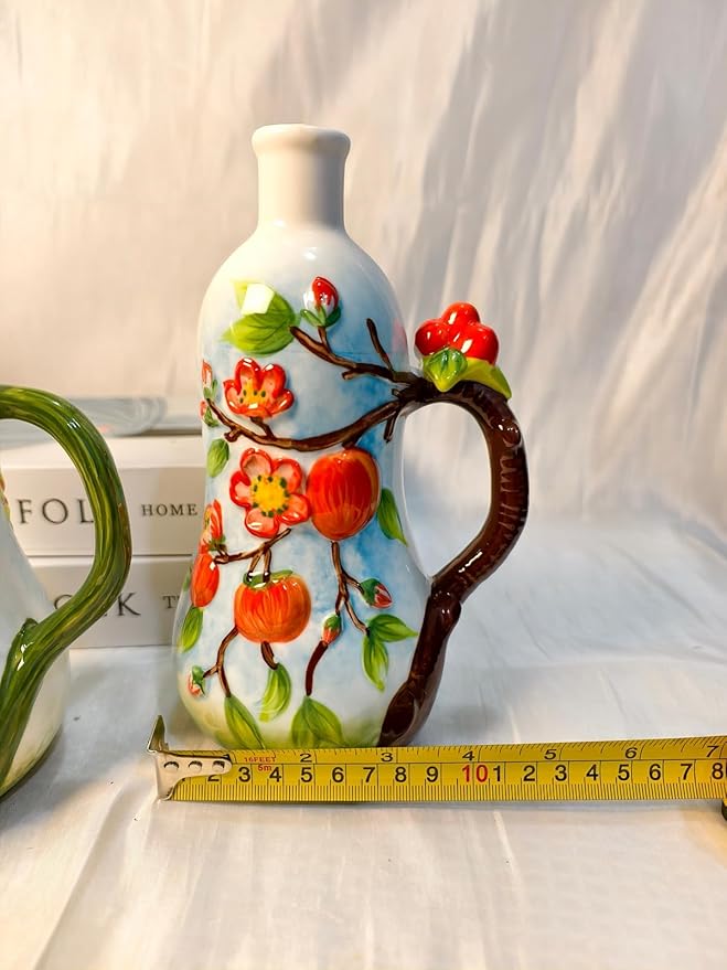 18 Oz Hand Painted Relief Ceramic Olive Oil Bottle Dispenser for Kitchen, Oil and Vinegar Bottle, Seasoning Bottle with Stainless Steel Nozzle, 540mL Oil Container with Handle for Cooking, Light Proof
