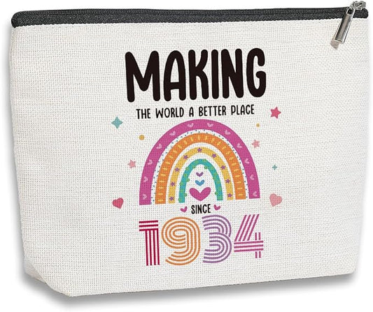 90th Birthday Gifts for Women, 90 Years Old Birthday Gifts Makeup Bag for Mom, Grandma, Travel Toiletry Makeup Organizer Zipper Pouch - Making The World a Better Place Since 1934