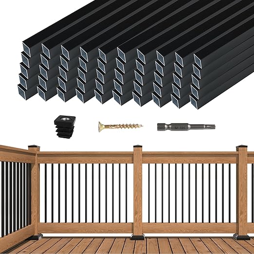 Muzata 50Pack 32" x3/4" Aluminum Deck Balusters Square Baluster Deck Railing Black Hollow Spindles with Screws for Railing Fencing Porch WT26