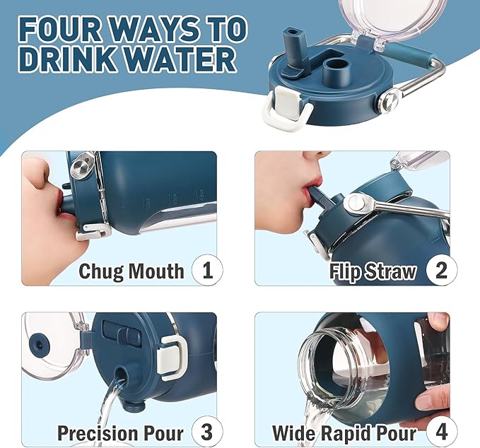 84oz Glass Water Bottle with Stainless Steel Handle,2.5L Gallon Water Bottle With 2-IN-1 Straw Lid, Silicone Sleeve and Motivational Capacity Marker, Wide Mouth Water Jug For Gym, Dark Blue