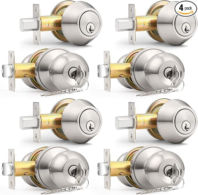 Probrico Door Knob and Deadbolt Set, Exterior Door Lock Set 4 Pack Enrty Door Locks with Single Cylinder Deadbolt with The Same Keys, Brushed Nickel Keyed Alike