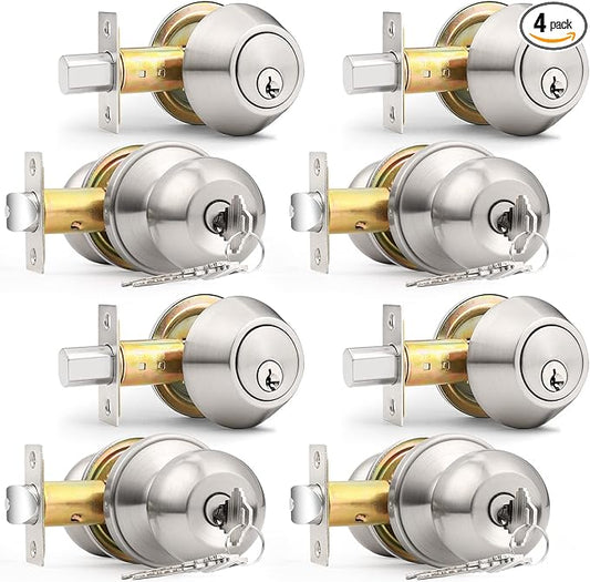 Probrico Door Knob and Deadbolt Set, Exterior Door Lock Set 4 Pack Enrty Door Locks with Single Cylinder Deadbolt with The Same Keys, Brushed Nickel Keyed Alike