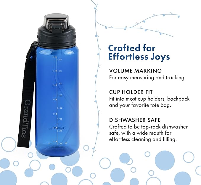 GRANDTIES Sports Tritan Plastic Water Bottle with Straw, Removable – Leakproof BPA Free Dishwasher Safe Travel Water Bottle with Strap for Gym, Outdoor, Fitness (Navy, 28oz (800mL))