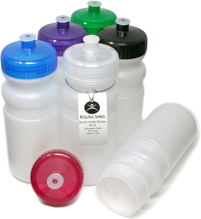 Rolling Sands 20 Ounce Sports Water Bottles 6 Pack, BPA-Free, Made In USA, Dishwasher Safe, Clear Frost Bottles/Variety