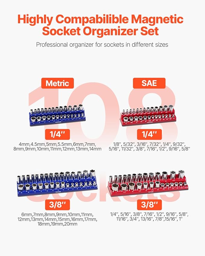 VEVOR Magnetic Socket Organizer Set, 4PCS Magnetic Socket Holder, 1/4'' & 3/8'' Metric SAE Socket Trays with Clear Labels, Hold up to 108PCS Standard & Deep Sockets, Blue & Red (Sockets Not Included)