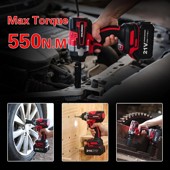 Cordless Impact Wrench - 550N.m(406Ft-lbs)1/2, impact gun, 3300RPM, with 4-Mode Speed, 2 Battery & Charger, 5 Sockets 8 Drill 6 Screws, Electric Impact Wrench for Car/DIY Furniture/Lawn Mowe