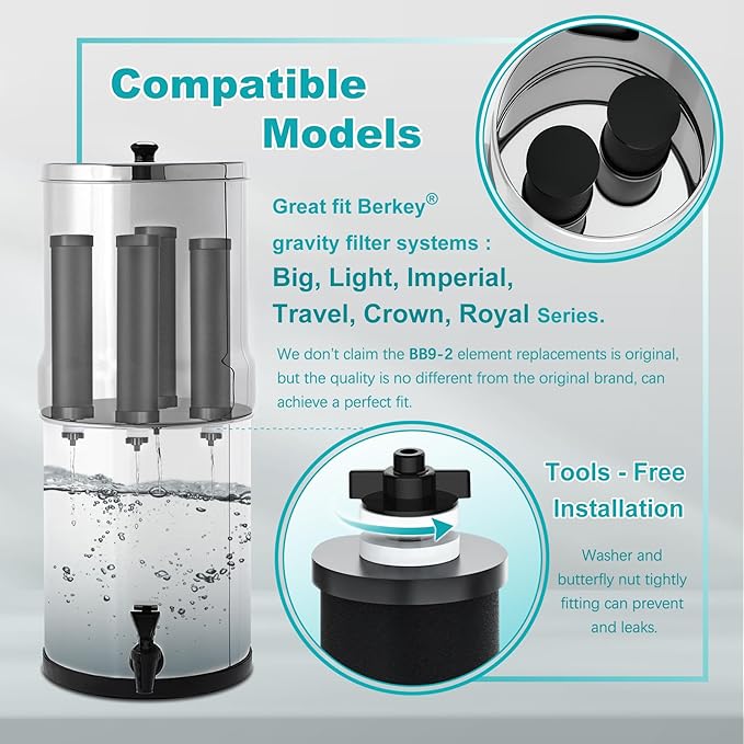 Water Filter Replacement for Berkey, NSF42 Standard Activated Carbon Water Filters, Compatible with Berkey B-B-9-2 Black Purification Elements and Gravity Water Filtration System, 6 Pack