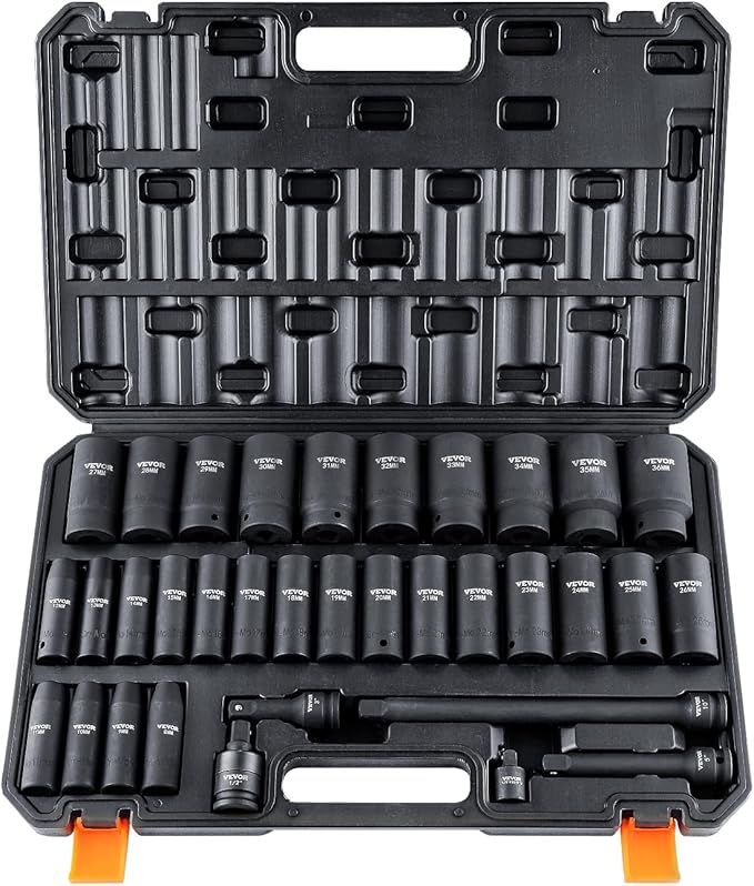 VEVOR 1/2" Drive Impact Socket Set, 34 Piece Socket Set Metric 8-36mm, 6 Point Cr-MO Alloy Steel for Auto Repair, Easy-to-Read Size Markings, Rugged Construction, Includes Storage Case