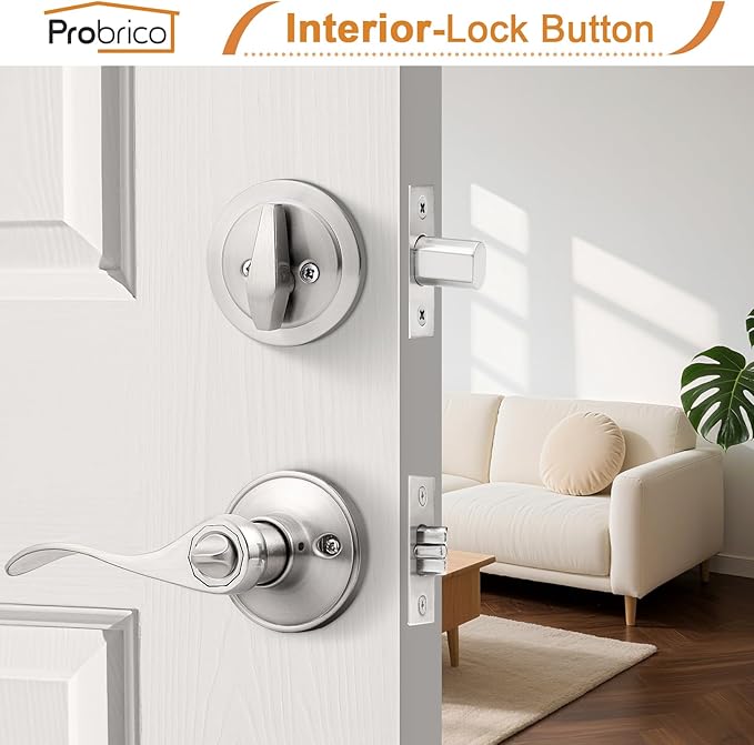 Probrico 5 Sets-Keyed Alike Entry Door Levers with Single Cylinder Deadbolts, Keyed Handleset for Front Door Exterior and Interior Hardware, Entry Lockset Lever Set Satin Nickel, Contractor Pack
