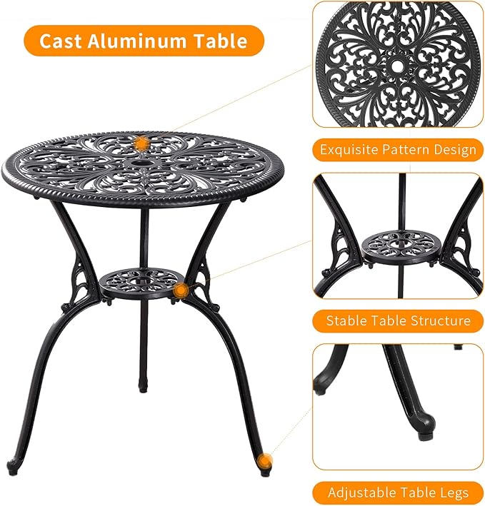 Patio Bistro Set 3 Piece Outdoor,Cast Aluminum Outdoor Bistro Table and Chair Set of 2 with 1.97" Umbrella Hole,All Weather Bistro Table Set for Front Porch Set(Butterfly Black)