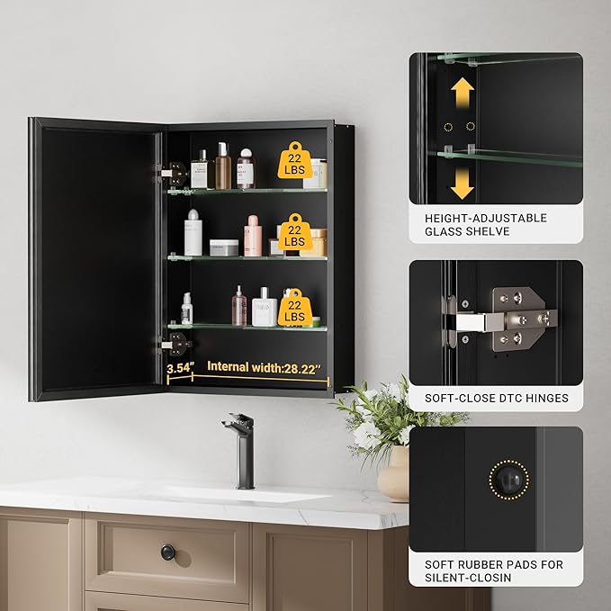 30''x 26'' Black Medicine Cabinet Mirror, Surface or Recessed Aluminum Framed Medicine Cabinet with Beveled Mirror, Full-Assembled, Adjustable Shelves,Reversible Bathroom Mirror with Storage