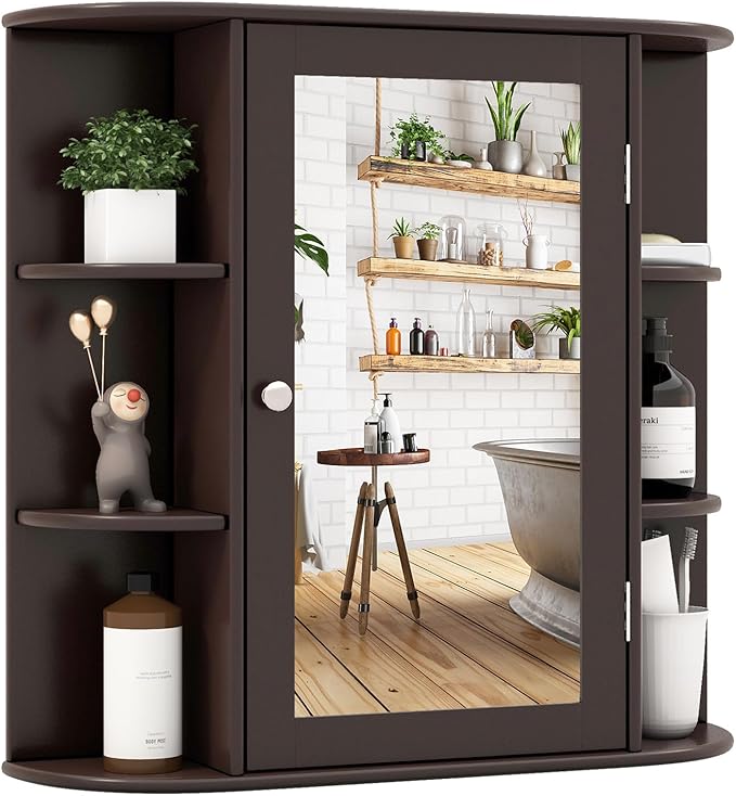 Tangkula Bathroom Medicine Cabinet with Mirror, Wall Mounted Home Storage with Door & 6 Open Shelves, Adjustable Shelves, Mirrored Bathroom Wall Cabinet (Coffee)