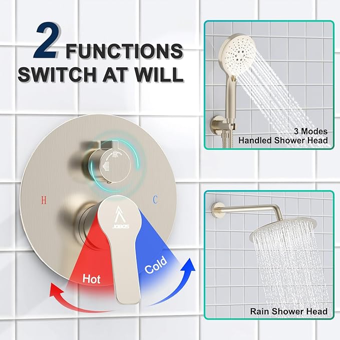 Shower Faucet Set 10IN Brass Rough-In Valve Body Trim Kit Rainfall Included Handle Accessories Complete 2 Functions with Rain Head and Handheld Bathroom Systems (10'', Brushed Nickel)