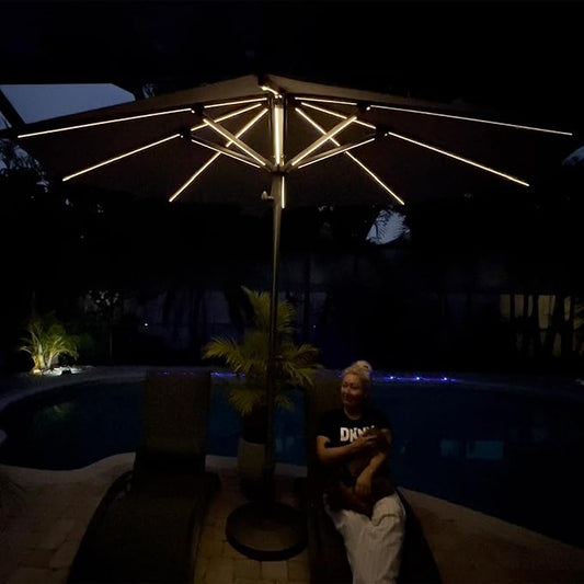 PURPLE LEAF 10 FT Semi-Auto Outdoor Patio Umbrella Market Table Sun Umbrellas with Led Lights and 8 Aluminum Sturdy Ribs for Backyard Deck Garden Pool(Gray Pole Beige Canopy)