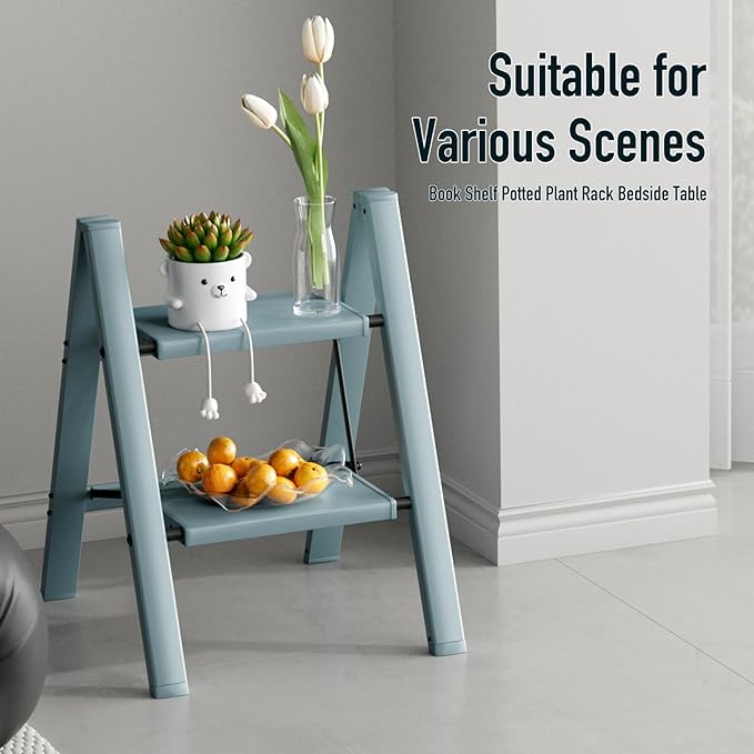 2 Step Ladder,Aluminum Folding Step Stool for Adults,Step Ladder with Wide Anti-Slip Pedal,330 lbs Capacity for Home,Office,Kitchen,Library(Blue)