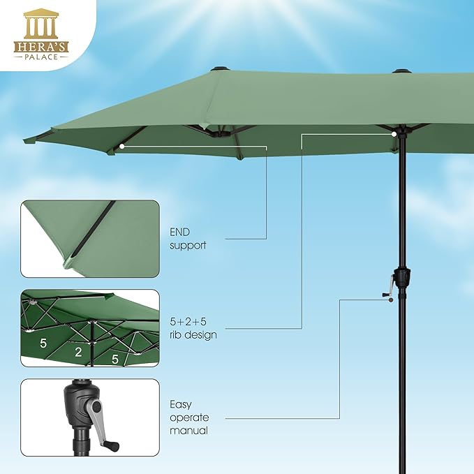 HERA'S PALACE 13 ft Double-Sided Twin Outdoor Market Patio Umbrella with Crank Large Table Umbrella for Deck Market Backyard Powerful UV Protective, Mint