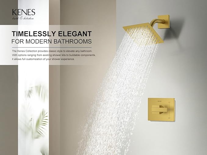 KENES Modern Brushed Gold Shower Faucet, Square Shower Trim Kit with Single-Spray Stainless Gold Rain Shower Head, Shower Trim Systems Wall Mount, KE-6025B-4 (Shower Valve Included)