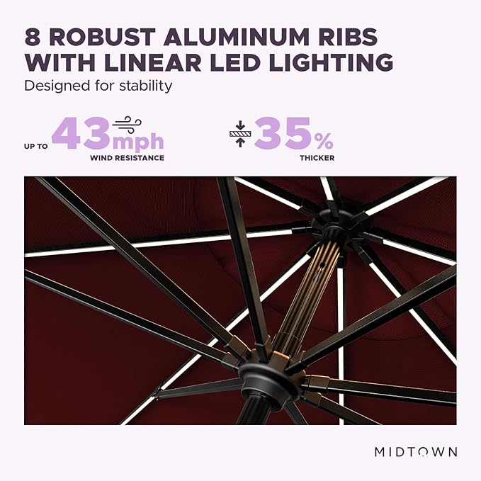 Midtown Umbrellas Led Swilt Sunbrella Umbrella 9 Ft Patio Umbrella With Sunbrella Burgundy Acrylic Fabric - Deck Patio Umbrella, Backyard Umbrella, Garden Umbrella & Pool Umbrella - Black Pole