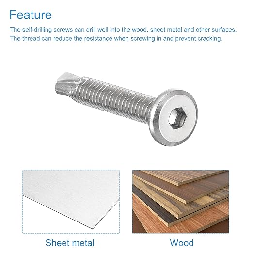 uxcell Hex Socket Self Tapping Screws, 1/4 x 1-5/8" 410 Stainless Steel Sheet Metal Flat Head Drilling Screw 50pcs, Silver