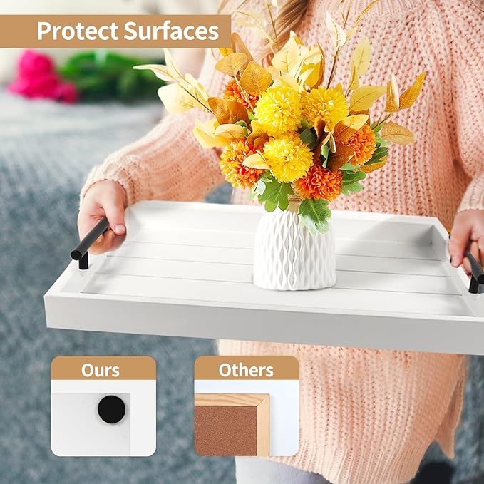 Coffee Table Tray - Large Ottoman Tray for Living Room - Wood Serving Tray with Handles(2 Sets) - Wooden Tray for Coffee Table, 4 Round Coasters Included, White