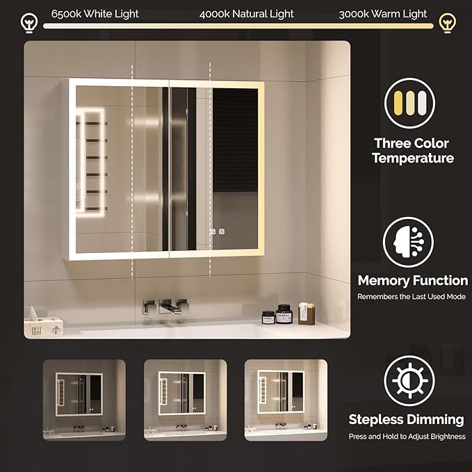 VINGLI Lighted Medicine Cabinet with Mirror Bathroom Mirror Medicine Cabinet Wall Mounted with Storage LED Lights Charging Station Defogger Modern Bathroom Mirrors for over Sink with Storage (32"*28")