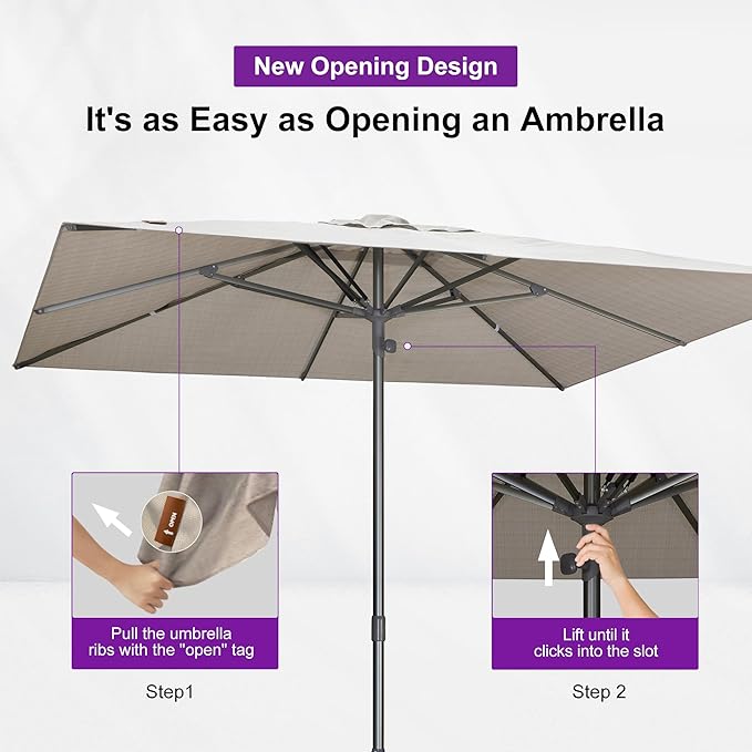 PURPLE LEAF 10 X 10 FT Semi-Auto Outdoor Patio Umbrella with Base Market Table Sun Umbrellas with 8 Aluminum Sturdy Ribs for Backyard Deck Garden Pool (Gray Pole Beige Canopy)