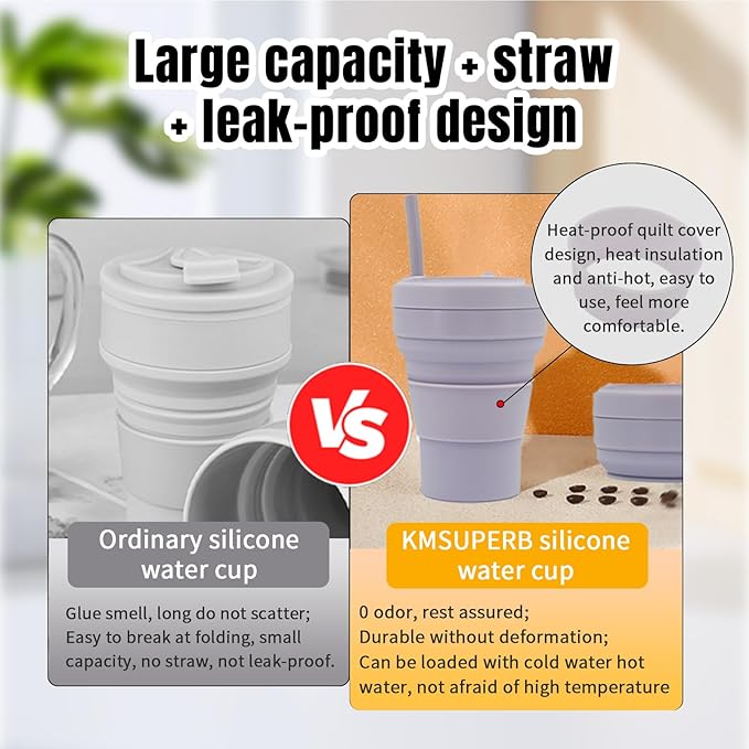 collapsible cup with Straw, Kids Insulated collapsible cups for traveling Leakproof Cup, Portable 350ml Foldable Travel Straw camping cup for Picnic,Hiking,Sports,Camping,Biking (purple)