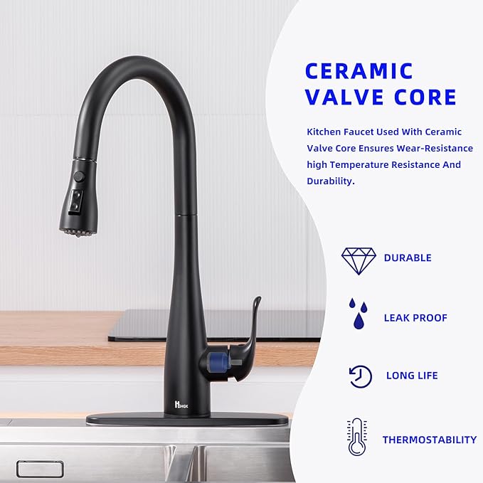 Kitchen Faucet with Soap Dispenser and Pull Down Sprayer - Stainless Steel Single Handle Kitchen Sink Faucet, 1 or 3 Hole Design for Modern Farmhouse Kitchens, Rv, and Bar Sinks (Matte Black)