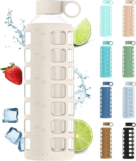 purifyou 40/32 / 22/12 oz Glass Water Bottles with Volume & Times to Drink, Extra Thick Silicone Sleeve, Reusable Bottle for Fridge Water Milk Juice (32oz Pearled Ivory)